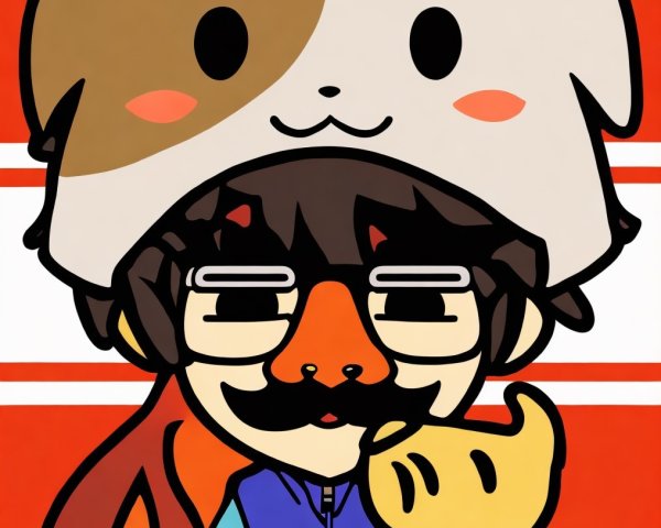 Cartoon Character with Dog Hat and Yellow Cat