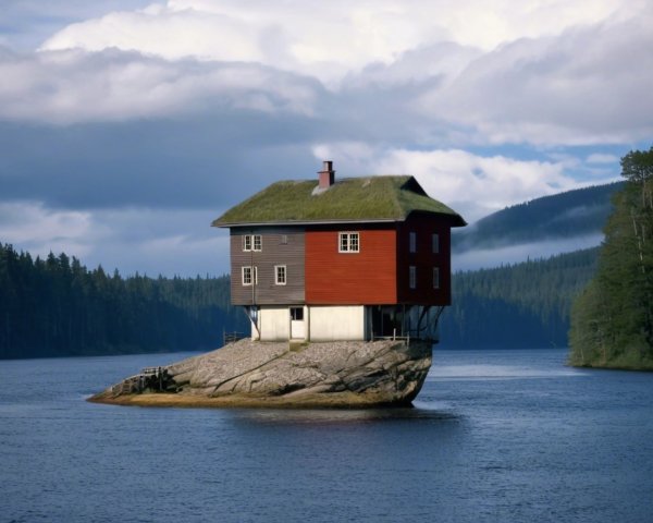 House with Moss Roof by Calm Dark Blue Lake