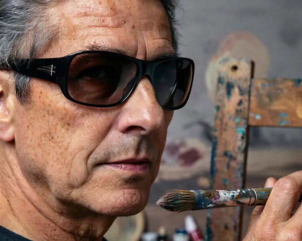 Close-up portrait of an older man with sunglasses and paintbrush