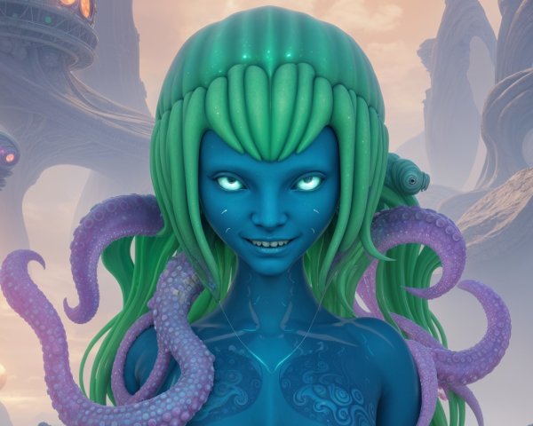 Fantastical character with blue skin and green hair