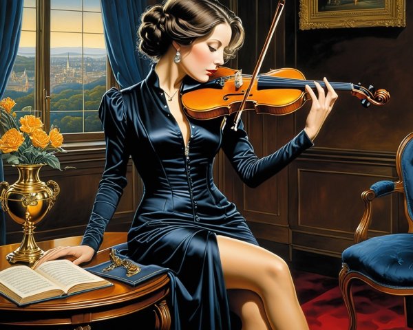 Elegant Woman in Dark Blue Dress Playing Violin