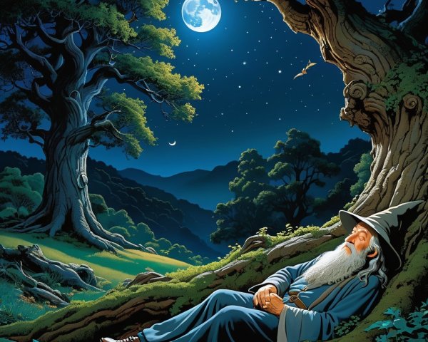 Wizard Sleeping Under Moonlight in Enchanted Forest