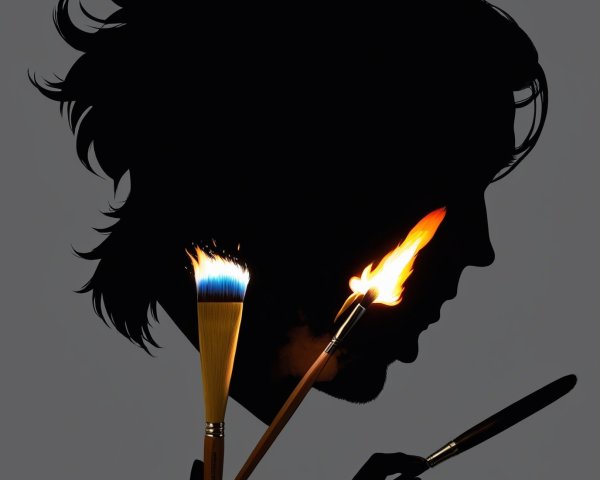 High-Contrast Silhouette with Paintbrushes and Flame