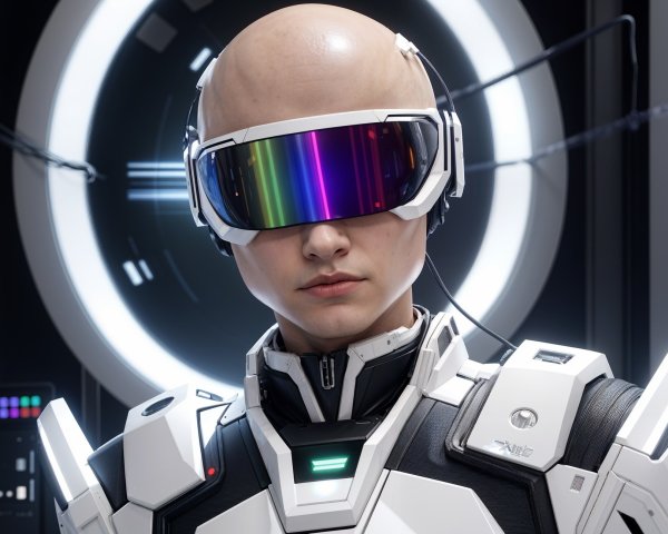 Futuristic humanoid figure in high-tech attire and goggles