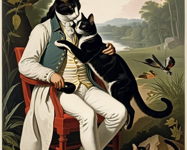 Whimsical Artwork of Man with Cats in Serene Setting