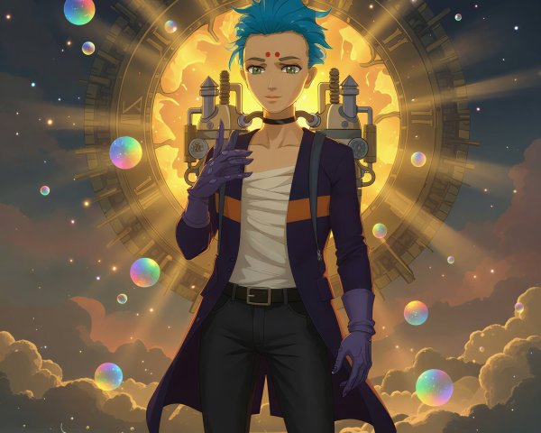 Anime Character Portrait with Spiky Blue Hair and Clock