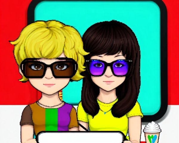 Animated Characters with Colorful Background and Drinks