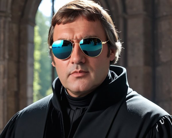 Confident Man in Cloak Against Historic Architecture
