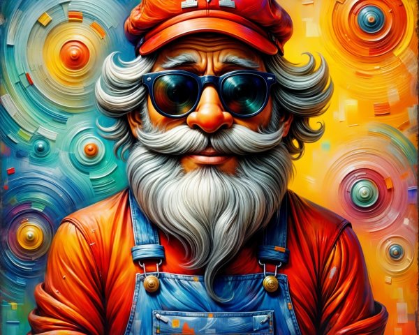 Whimsical Character in Red Cap and Blue Overalls