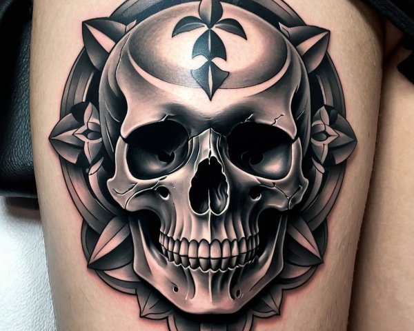 Black and Gray Skull Tattoo with Ornate Circular Design
