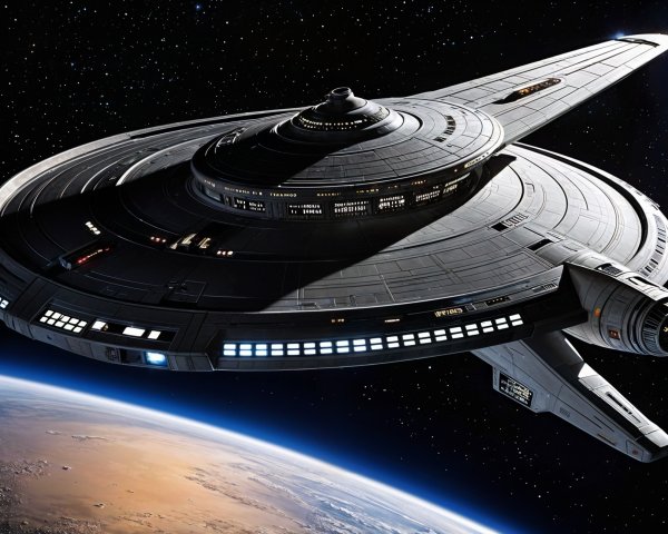Sleek Starship in Cosmic Space Above Rocky Planet