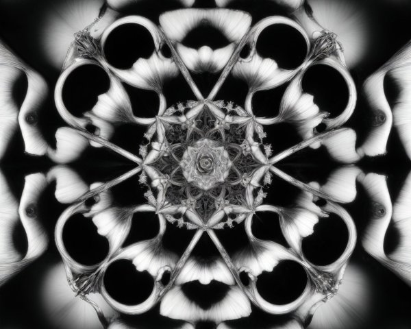 Black and White Kaleidoscopic Floral Pattern Design