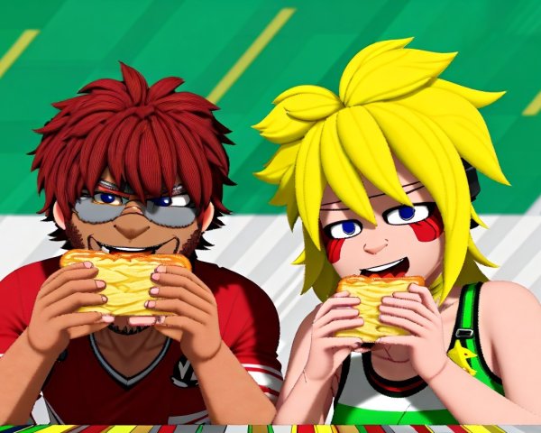Animated Characters Enjoying Large Sandwiches Together