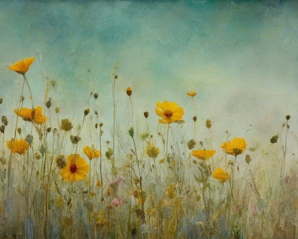 Wildflower Field with Yellow Coreopsis and Turquoise Sky