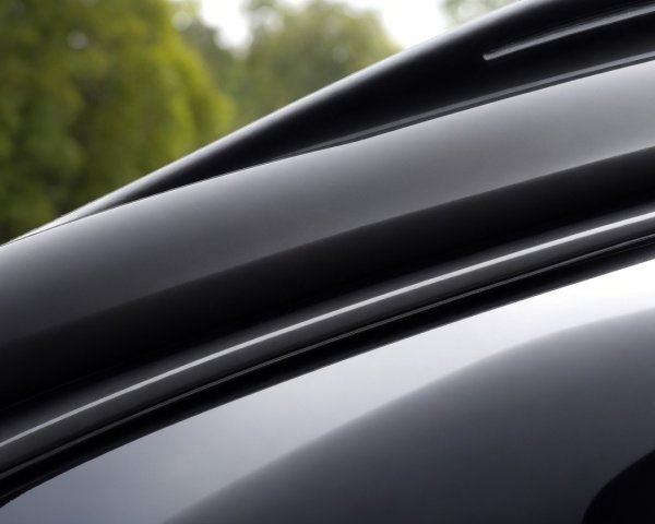 Close-up of a sleek black car's roofline and window frame