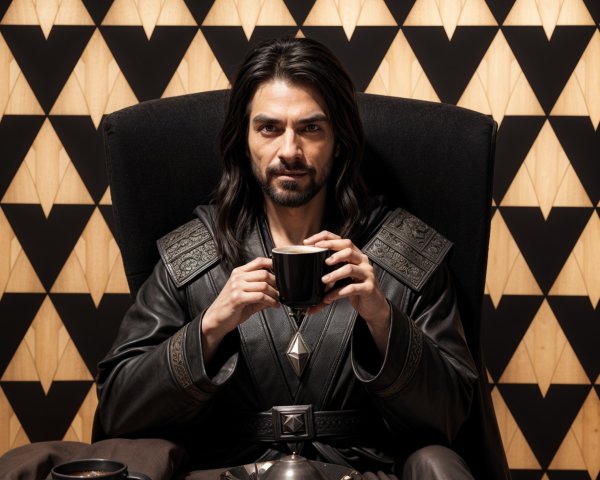 Man in ornate robe seated in black armchair with cup