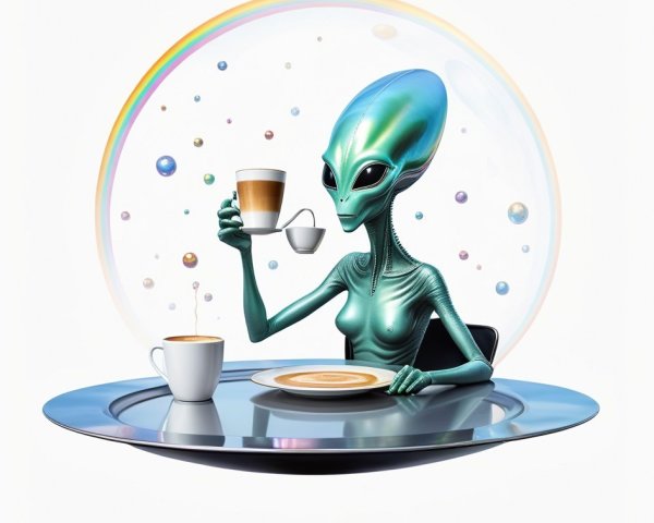 Green-Skinned Alien at Metallic Table with Coffee Drinks