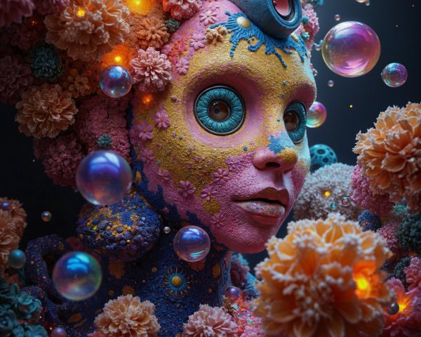 Surreal Figure in Colorful Flower Landscape