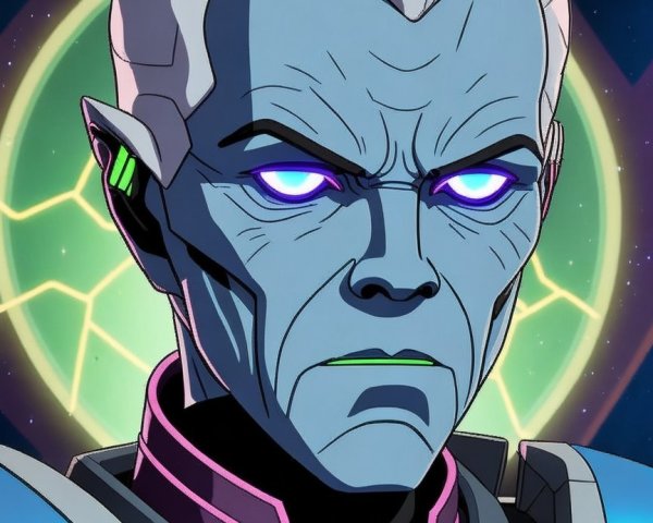 Blue-Skinned Character in Futuristic Cosmic Setting