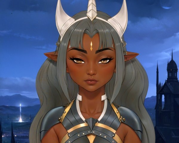 Fantasy Character with Gray Hair and Horns in Armor