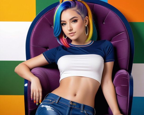 Young woman in purple armchair with rainbow hair