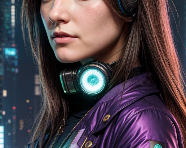 Young woman in purple jacket with glowing headphones