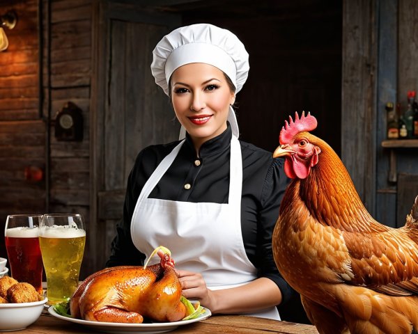 Smiling Chef in Rustic Kitchen with Roasted Turkey