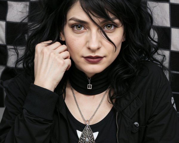 Woman with curly hair in stylish attire at a table