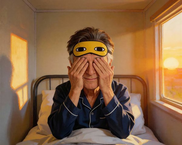Elderly Man in Bed with Sunrise and Sleep Mask