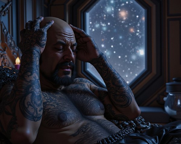 Tattooed Man in Dim Room with Starry Night View