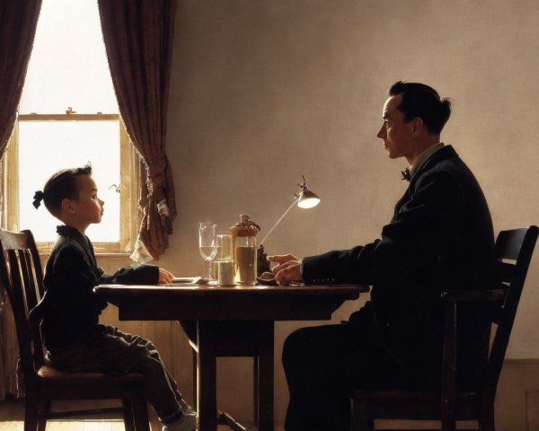 Serious Adult and Young Boy in Softly Lit Room