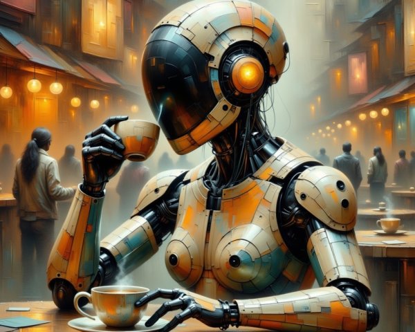 Humanoid Robot in Vibrant Market Street Scene