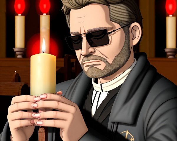 Somber figure with candle in dramatic setting