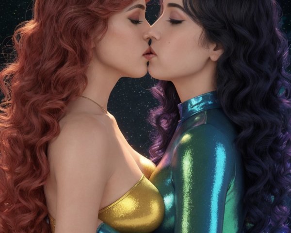Intimate Pose of Two Women with Cosmic Background