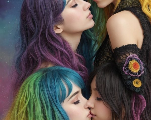 Ethereal Figures with Vibrant Hair and Floral Outfits