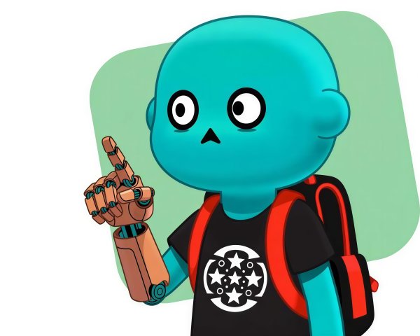 Turquoise Cartoon Character with Robotic Arm and Backpack