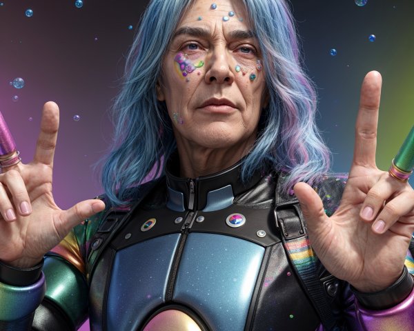 Futuristic character with pastel blue hair and costume