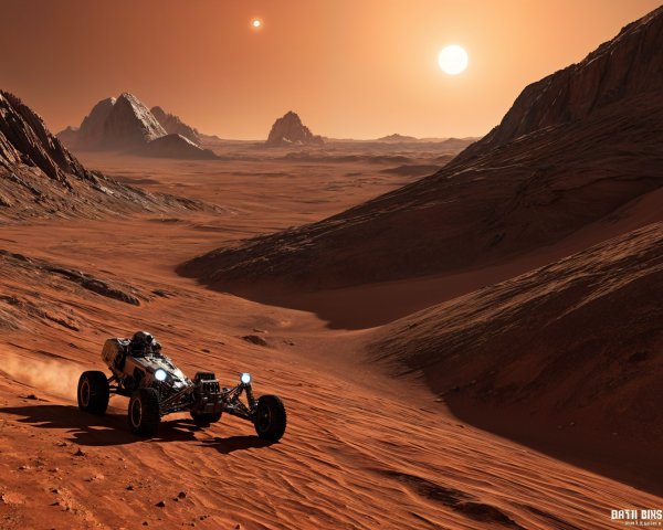 Rugged Vehicle in a Red Desert Landscape with Mountains