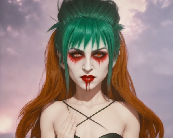 Vampiric Figure with Bold Colors Against Dramatic Sky