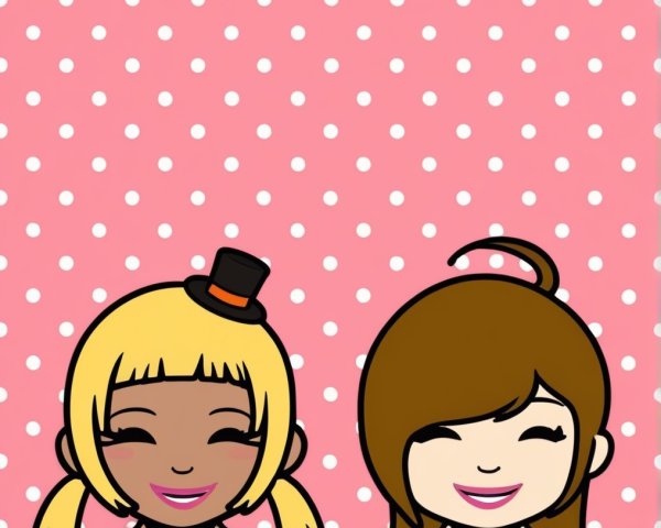 Cartoon Girls with Cheerful Expressions on Polka Dots