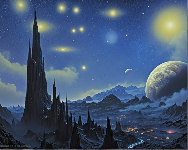 Otherworldly Night Landscape with Gothic Fortress Structure