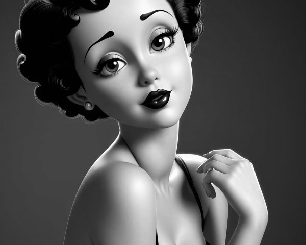 Black and white CGI portrait of a doll-like woman