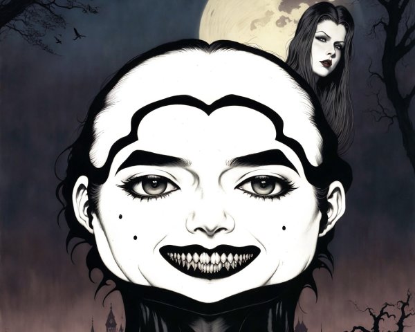 High-contrast vampire portrait with moonlit background
