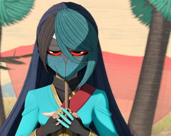 Character with Long Hair in Vibrant Blue Outfit