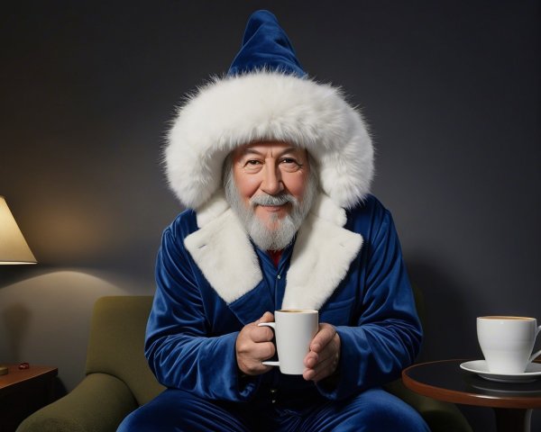 Old Man in Santa Outfit Holding Mug in Dim Room