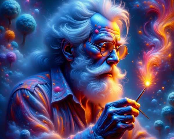 Elderly Man in Vibrant Otherworldly Landscape