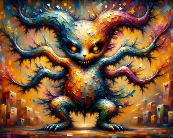 Mosaic Depiction of a Colorful Imp-Like Creature