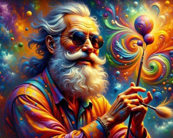 Colorful Portrait of an Elderly Artist with Paintbrush