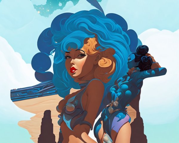 Two Female Figures in Surreal Desert Landscape