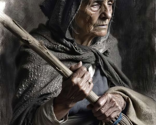 Portrait of an elderly woman with a broomstick